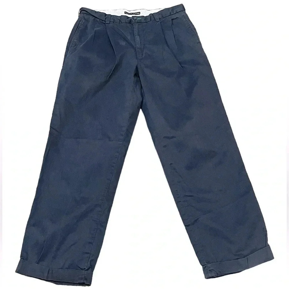 Y2K 36x32 Tommy Hilfiger Mens Pleated Blue Chino Relaxed Casual Mens Pants